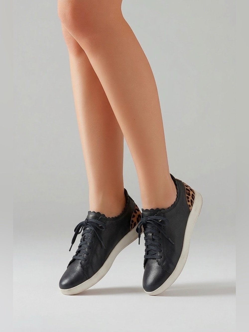 Cole Haan Black Leather Lace-Up Sneakers with Leopard Heel